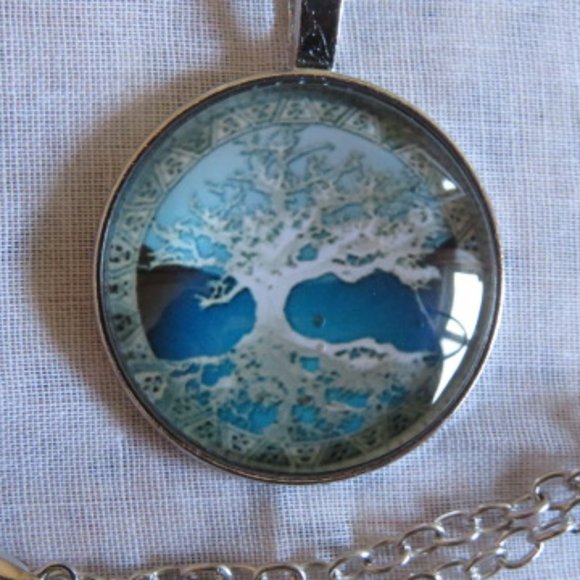 SET Pendant Bracelet & Earrings Tree of Life Blue White Alloy (K273) - Picture 3 of 6